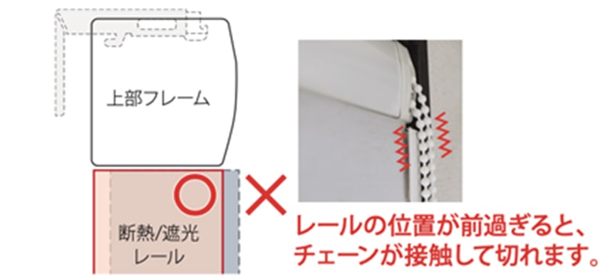 レールの位置が前過ぎると、チェーンが接触して切れます。